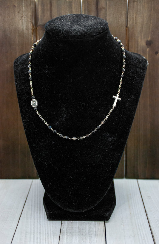 2mm Rosary Necklace with Brazilian Agate Beads (Black)