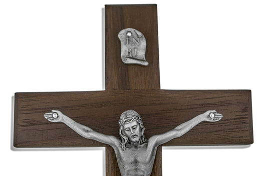 8" Beveled Walnut Crucifix with Antique Pewter Corpus