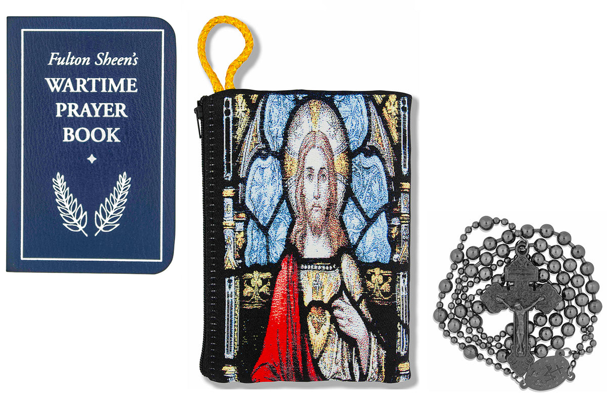 Military Rosary with Prayer Book and Tapestry Pouch (Gunmetal, Sacred Heart)