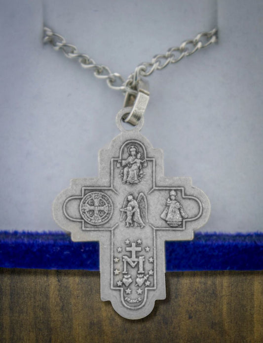 Catholic 4-Way Medal with Rhodium-Plated Chain