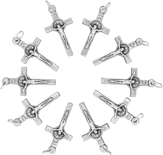 10 Pack of Small Saint Benedict Crucifix Pendants | Silver-Tone Metal | Great for DIY Rosaries, Chaplets, and Religious Jewelry | Catholic and Christian Craft Beading Supplies Crucifijos Catolicos