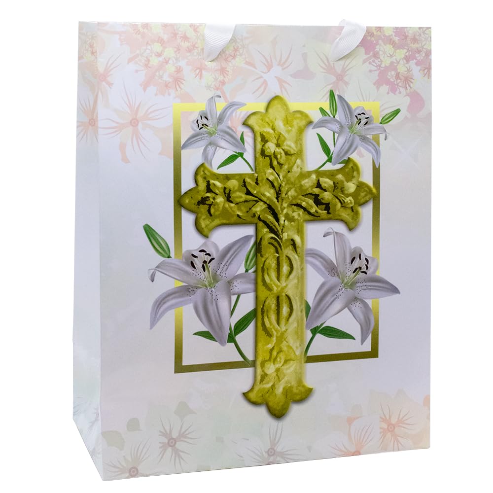10" Gift Bag with Cross and Lilly Design | Includes Tissue Paper and Gift Tag | Great Gift Wrap for Christian Occasions | Baptism, First Holy Communion, Confirmation