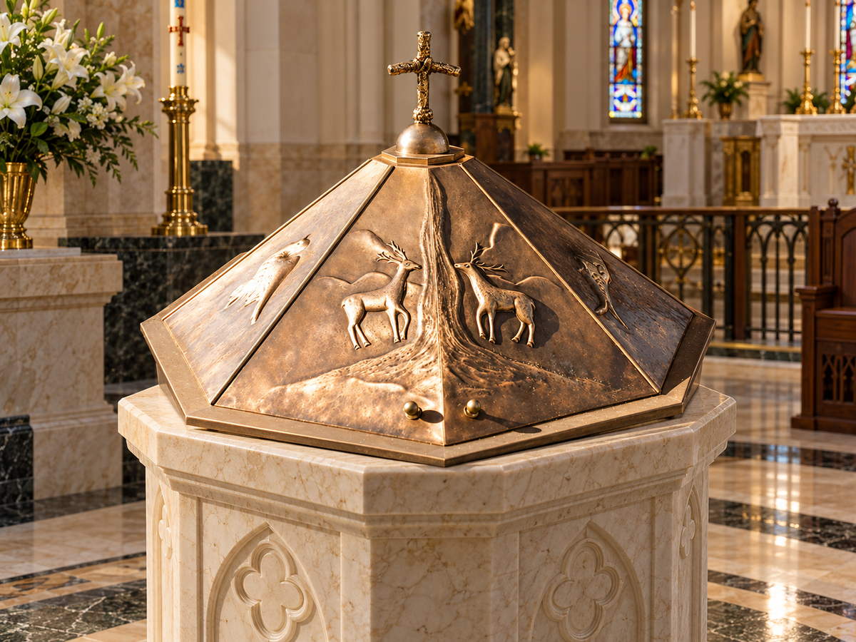 Octagonal Embossed Copper Baptismal Font Lid with Four Opening Segments & Cast Cross