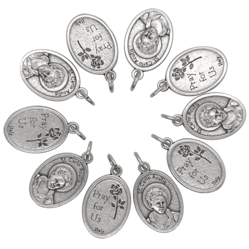 10 Pack of Saint Carlo Acutis Medal Pendant with Prayer Card | Silver-Tone Oval Medal | Catholic Gift | Wearable Devotional | Patron Saint of the Internet | Made in Italy