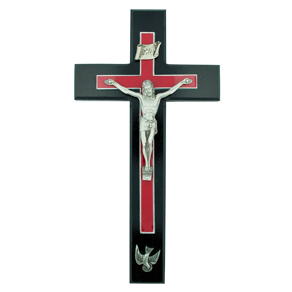 10" Wooden Wall Cross | Dark Wood with a Bright Red Centerpiece and Silver Accents for Confirmation, First Communion or Housewarming | Christian Home Goods