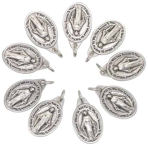 10 Pack of Our Lady of Grace Pendants | Silver-Tone Metal Medals | Includes Information Prayer Card | Use on Religious Jewelery and Chaplets | Great Catholic Gift