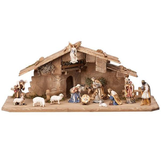 15-Piece 4 Inch Nativity Set with Stable –Italian Hand-Carved Wooden Holy Family Scene – 15 pieces