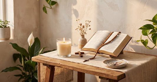 A beautifully arranged home altar with a lit candle and a rosary draped over a bible.