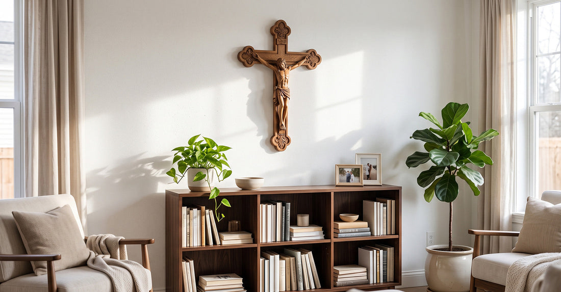 A carved wooden crucifix elegantly displayed in a bright and inviting living room.
