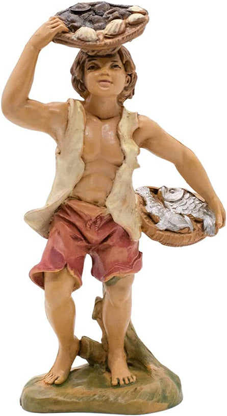 5.5" Village Boy with Fish and Clams in Baskets | Christmas Nativity |