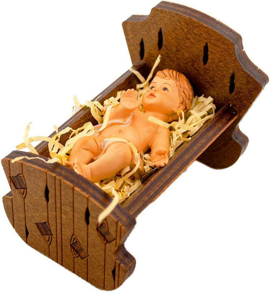 Infant Jesus Christ in Crib | Walnut Wood and Resin Figure | Perfect for Nativity Scene