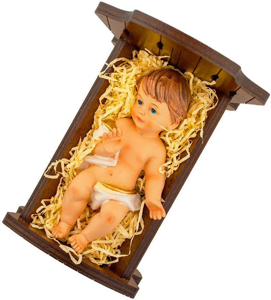 Infant Jesus Christ in Crib | Walnut Wood and Resin Figure | Perfect for Nativity Scene