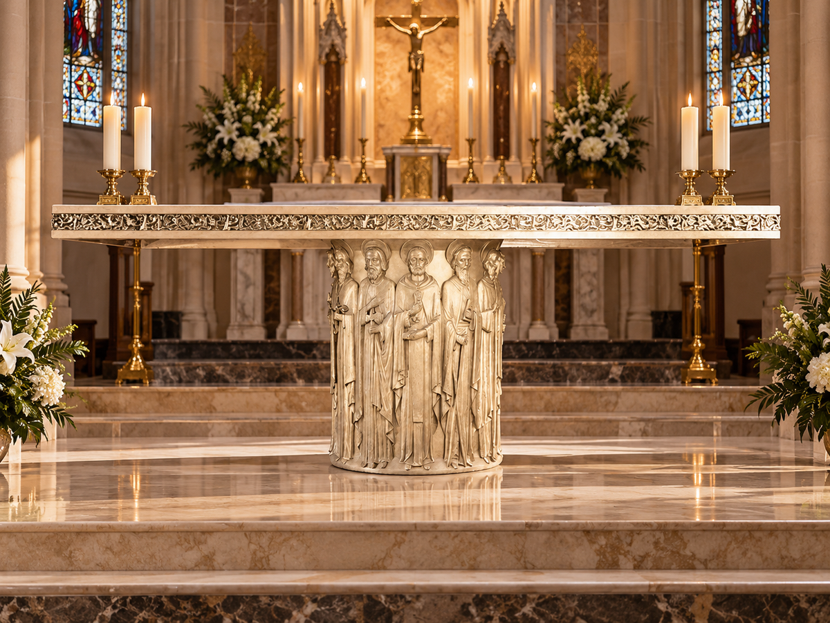 Custom Catholic Church Altar with 12 Apostles – Sculpted Base & Wooden Mensa