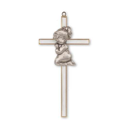 7" White Epoxied and Gold Finish Cross with Genuine Pewter Praying Baby Girl