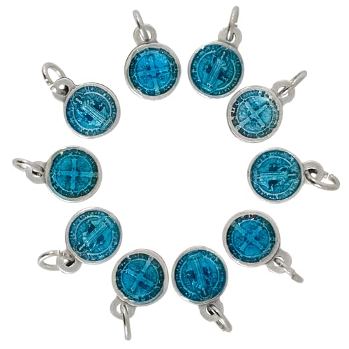 10 Pack of Tiny Saint Benedict Medals | Patron Saint of Students and Europe | Beading for DIY Chaplets and Religious Jewelry | Great Catholic Gift for First Holy Communion and Confirmation (Blue)