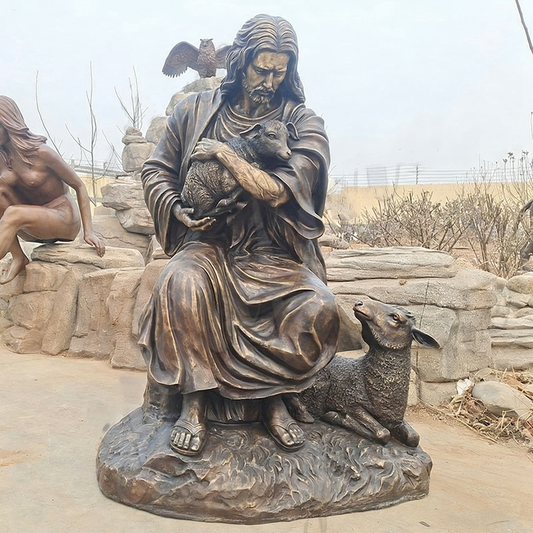 Custom Seated Jesus The Good Shepherd with Lamb Statue 4 foot Bronze Statue