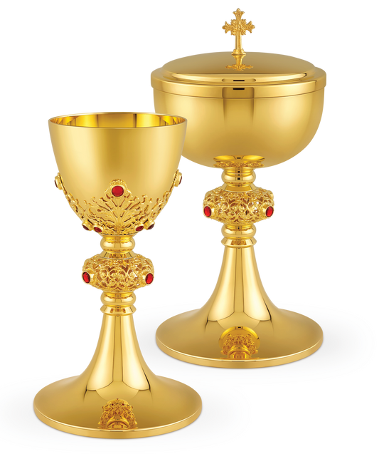 European 24K Gold Plated Chalice with Red Accent Stones – A Radiant Symbol of Faith and Elegance
