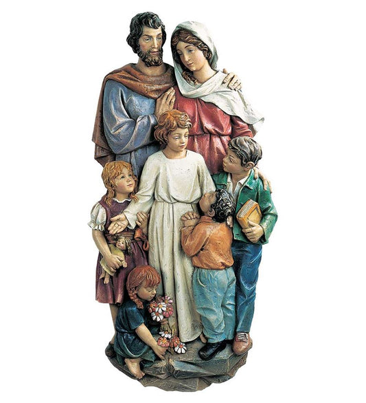 Hand Carved in Linden Wood Holy Family with Children Wall Relief from Italy