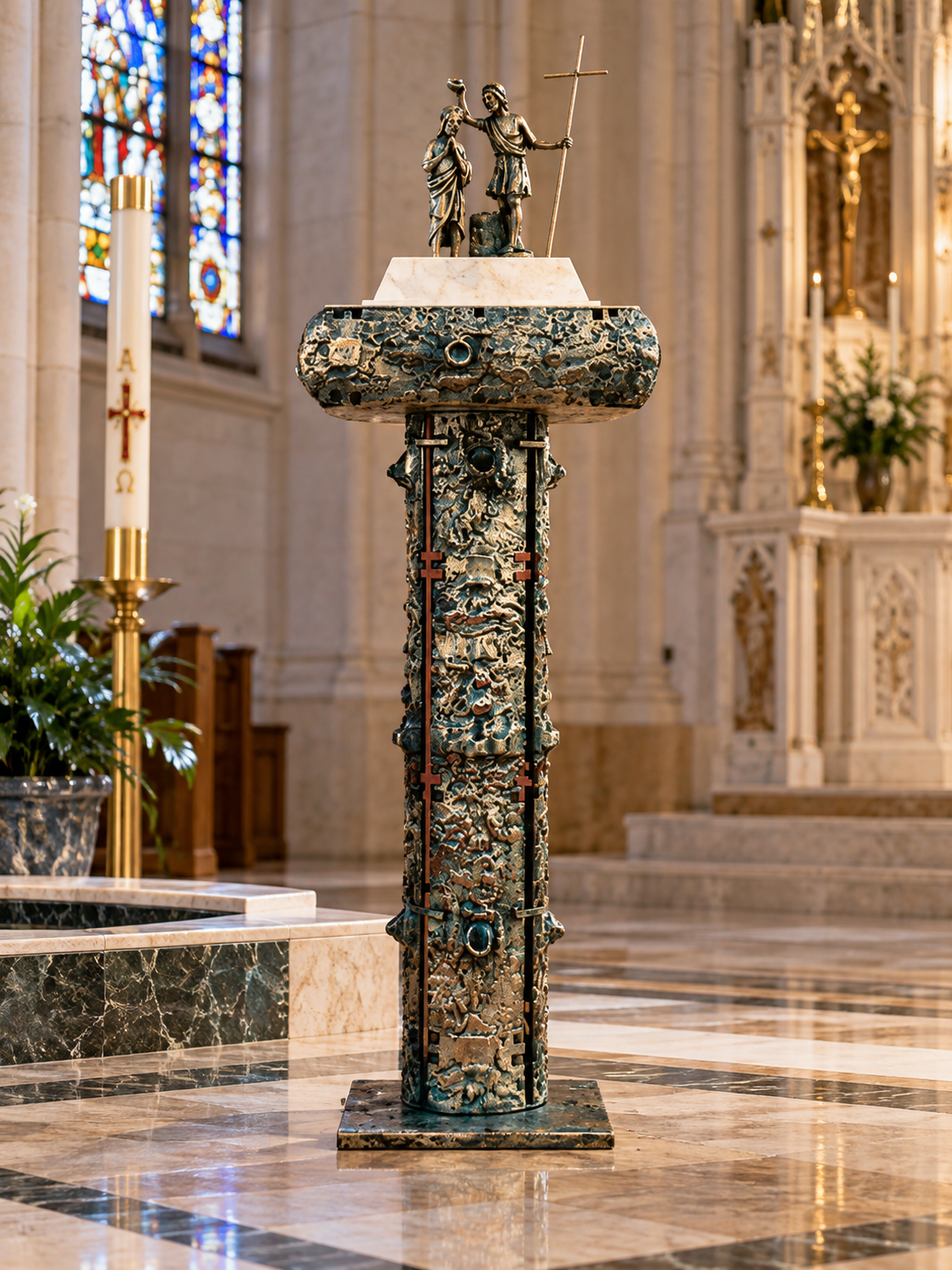 Custom Bronze Catholic Baptismal Font – 39" Church Baptismal Font