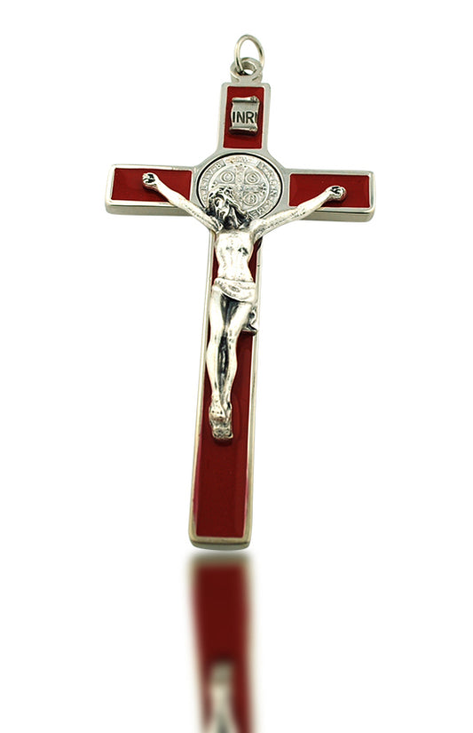St. Benedict Wall Crucifix with Colored Enamel and Booklet Explaining the St. Benedict Medal (Red)