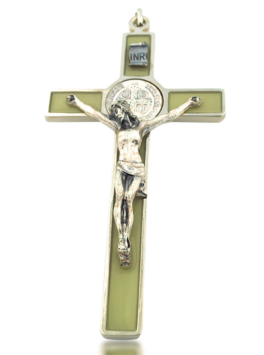St. Benedict Wall Crucifix with Colored Enamel and Booklet Explaining the St. Benedict Medal (Luminous (Glows in the Dark!))
