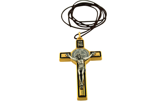 3" Colored Enamel St. Benedict Crucifix with Round St. Benedict Medal, Cord, and Booklet (Gold-tone w/ Black enamel)