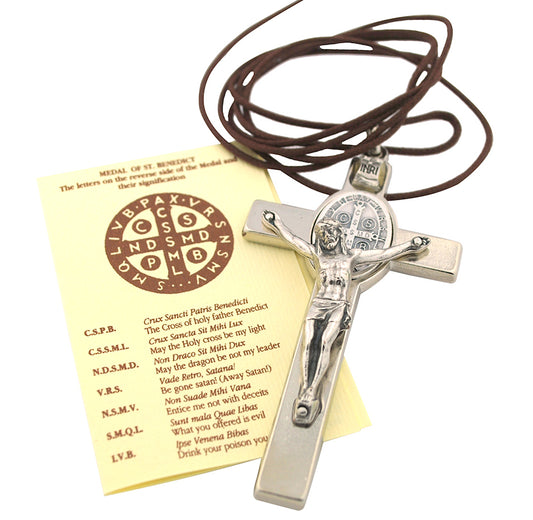 St. Benedict Crucifix with Oval St. Benedict Medal, Comes with Cord and Booklet Explaining the St. Benedict Medal (Silver-tone)