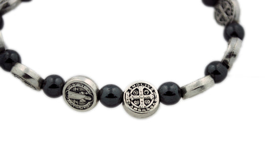 St. Benedict Medal Stretch Bracelet with Genuine Hematite Beads