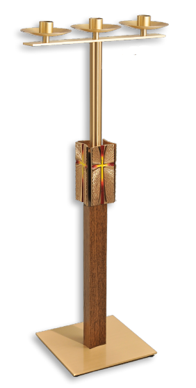 Candelabra | Satin Bronze & Dark Stain Oak Wood | Wax Protectors