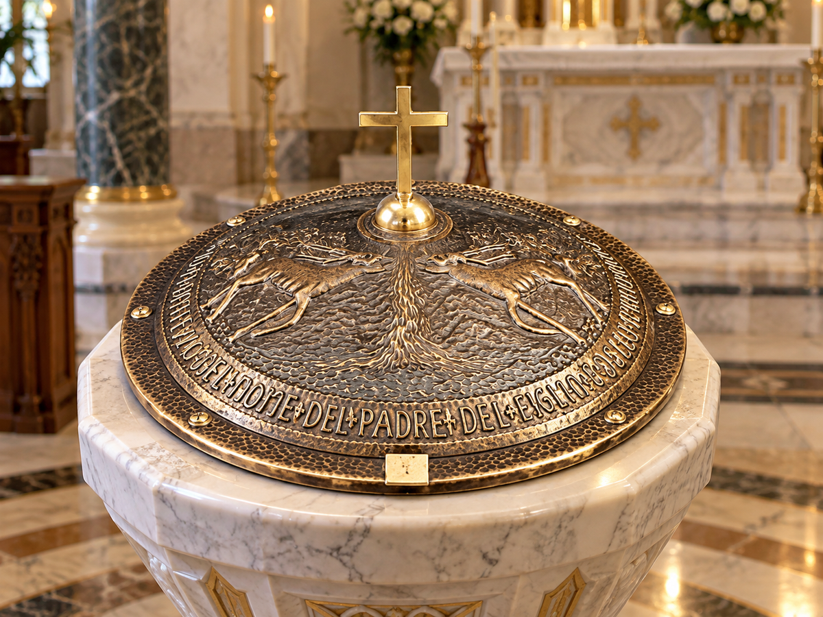 Embossed Copper Baptismal Font Lid with Decorative Sacred Design – Catholic Church Font Cover