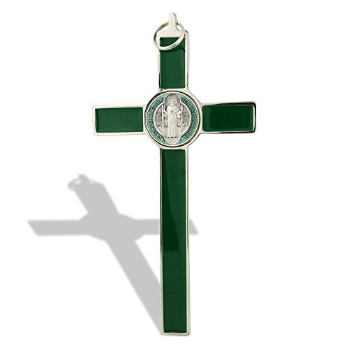 Saint Benedict Wall Crucifix with Colored Enamel (Silver-Green)