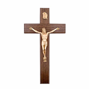 8" Beveled Walnut Crucifix with Antique Gold Corpus