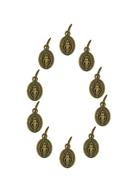 10 Pack of Mini Miraculous Medal Pendants .75" | Beautiful Catholic Pendant | Fashionable Christian Accessory | Attach pendant to chain | Brass Toned Metal