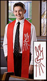 Confirmation Stole, Red Confirmation stole with descending dove cross and rays, 45" Red Felt