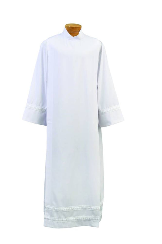 Copy of Washable Tropical Weight Clergy Alb with 1" White Embroidered Braid | Poly/Wool Blend | Standard & Ample Cut | Button or Velcro Closures - Large