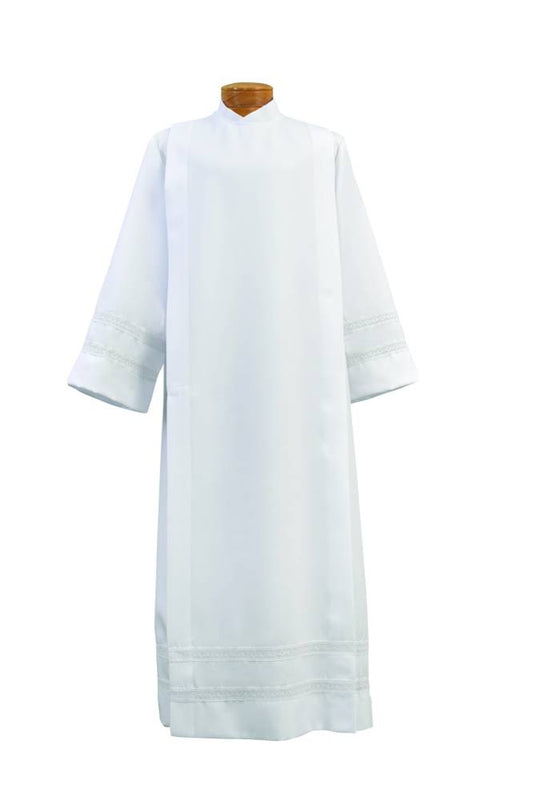 Washable Smooth Poplin Polyester Alb with 1" Woven Lace Bands – Cuffs & Bottom | Button or Velcro Closure -X-Large