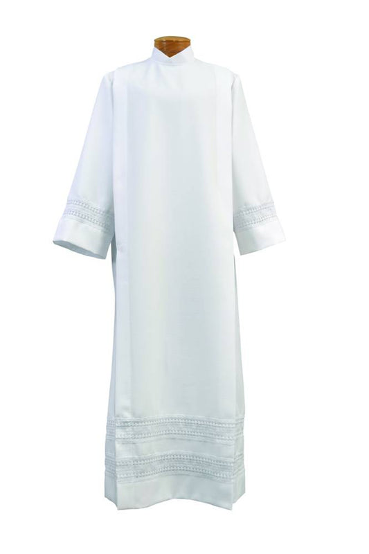 White Cassock Alb with 2" Lace Bands | Linen-Weave Polyester | Washable with Button or Velcro Closure | Standard & Ample Cut Sizes - Small