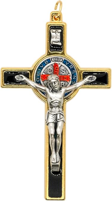 Black Saint Benedict Crucifix Pendant | 3.25” Gold-Tone with Enamel Accents | Catholic Cross with Protection Medal