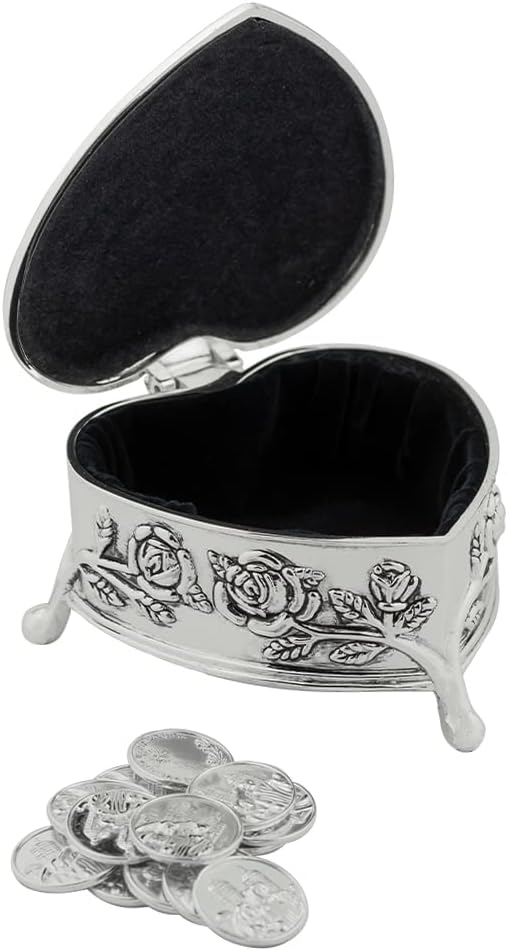 Bendición de Amor: 13 Intricately Crafted Silver-Tone Unity Coins and Wedding Tokens in a Beautiful Heart-Shaped Keepsake Box – Honoring the Sacred Tradition of Marriage