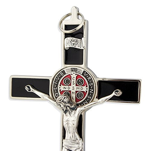 Saint Benedict Wall Crucifix with Colored Enamel (Silver-Black)