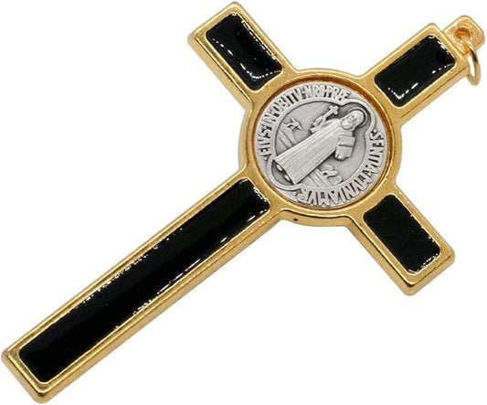 Black Saint Benedict Crucifix Pendant | 3.25” Gold-Tone with Enamel Accents | Catholic Cross with Protection Medal