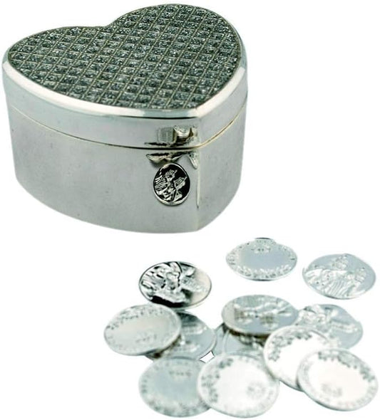 Checkerboard Hearts Wedding Set | 9 Coin Styles in Metal Boxes | Spanish Matrimony Ceremony