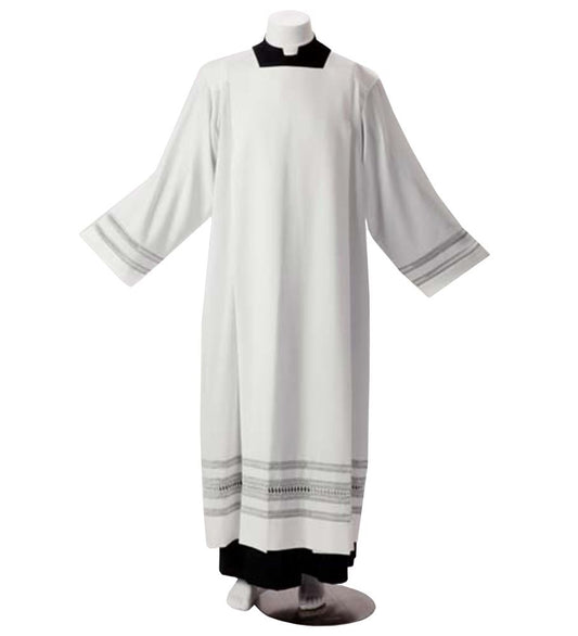 Classic Lightweight Alb with Hand-Embroidered Bands | Winter Weight Poly/Wool Blend | Traditional Clergy Vestment - X-Large