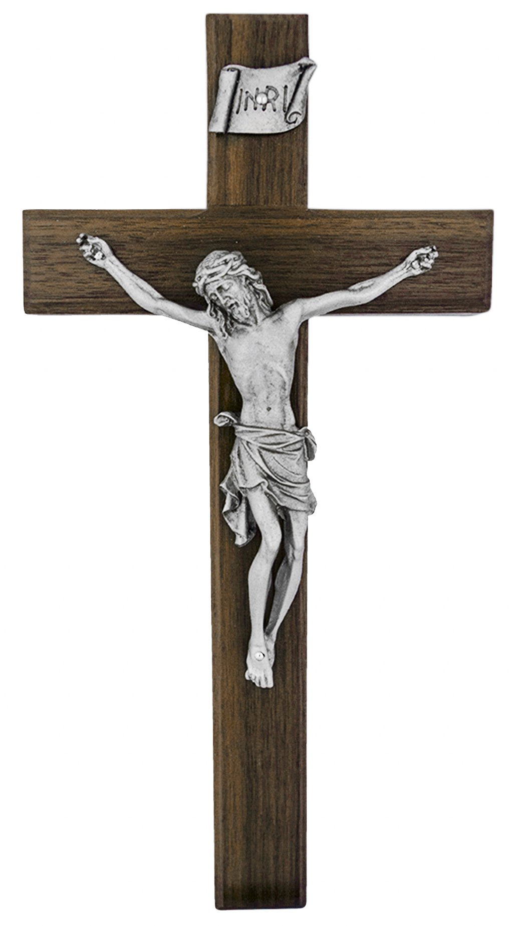 10" Beveled Walnut Crucifix with Antique Pewter Corpus