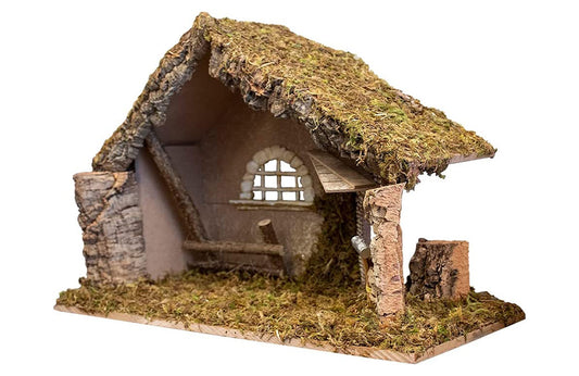 Nativity Creche Stable, "Sticks and Saw" | Realistic Moss Hay Wood and Fabric | 12" x 19"