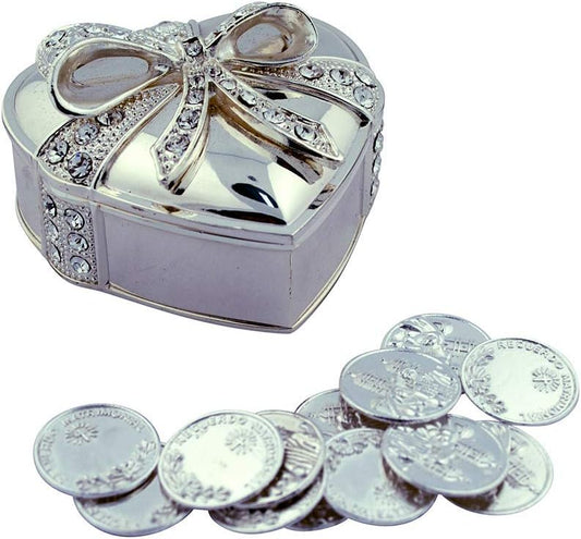 Boda Bella Heart Coin Set | 9 Elegant Wedding Metal Boxes with Coins | Spanish Matrimony Ceremony Gift