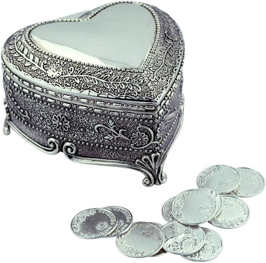 Hearts & Vines Wedding Set | 9 Styles with Coins | Heart-Shaped Metal Boxes for Matrimony