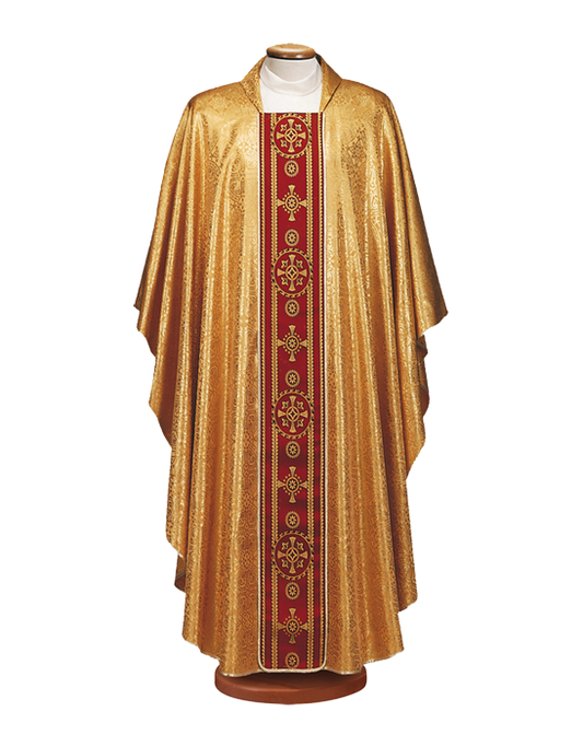 Gold Broderie Chasuble with Chevron and Soutache Trim – Classic Liturgical Vestment with Square Collar for Solemn Catholic Celebrations