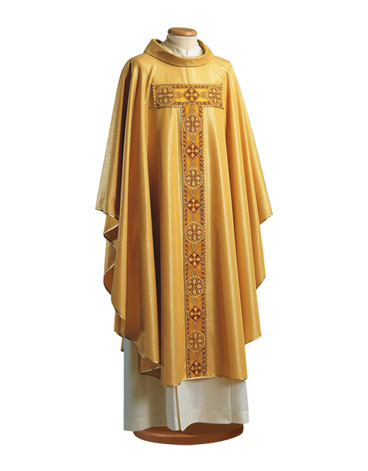 Gold Lurex Wool Chasuble – Lightweight Liturgical Vestment with Ring Collar and Beaded Chevron Tao Design