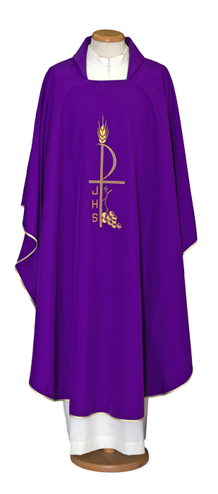 Economic 100% Polyester Chasuble with Square Collar and Classic Embroidery – Elegant Vestment for Liturgical Celebrations